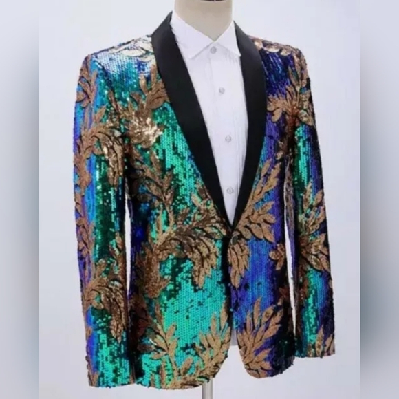Sequin Blazer For Men Blue/Green/ Gold Leaves Pattern - Picture 3 of 14